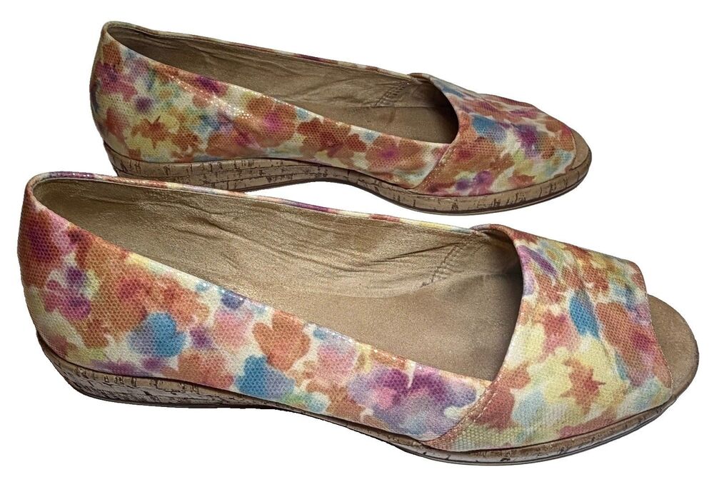 Michelle D Ellena Floral Peep Toe Comfort Flats Cork Wedge Shoes Women’s 9.5 M